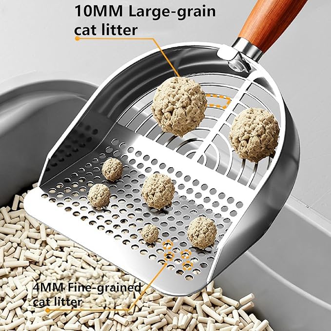 DHXYZZB Cat Litter Scoop 304 Stainless Steel Litter Shovel, Heavy Duty Litter Sifter, Litter Scooper with Wooden Handle Dual Sifting Design Perfect for Cat Litter Box Cleaning
