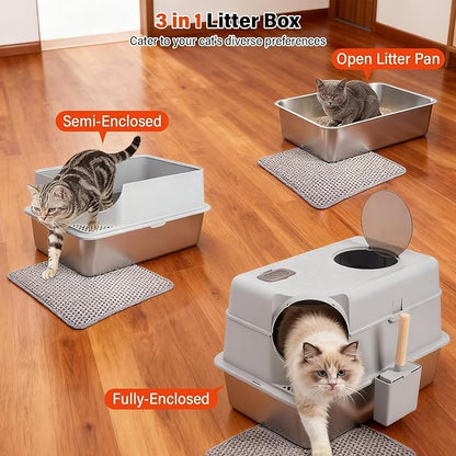Stainless Steel Litter Box with Lid, Extra Large Enclosed Cat Litter Box for Big Cats, Metal Cat Box with High Sided Enclosure & Scoop, Front & Top Entry, Odor Free, Anti-Leakage, Grey