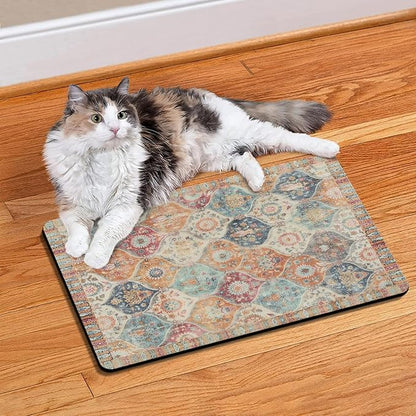 Moroccan Trellis Dog Food & Water Mat, Mexican Talavera Boho Colorful Pet Feeding Mat for Floor Non-Slip Waterproof, Super Absorbent Cat Bowl Mat, Easy to Clean Durable Pet Placemat,16" × 24"