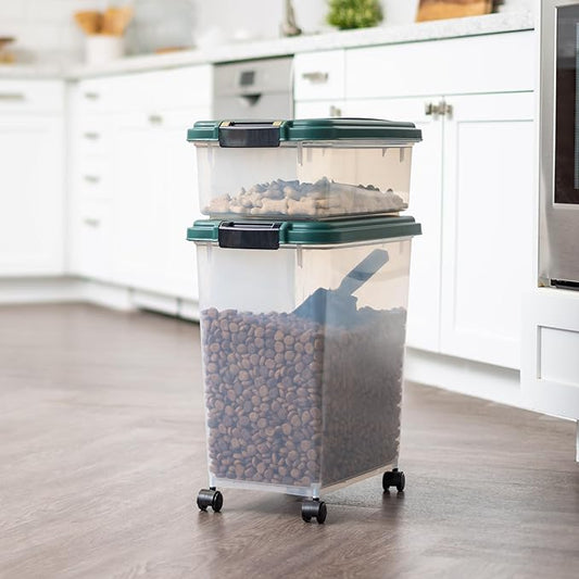 IRIS USA Remington Dog Food Storage Container, 30 lbs, 11 lbs, Airtight, Stackable, Wheels, Food Storage, Treat Box, 2-Cup Scoop