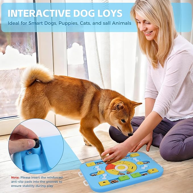 Dog Puzzle Toy for Smart Dogs with Sound,4-in-1 Interactive IQ Training & Cognitive Toy for Large & Small Dogs and Cat, Durable Food Puzzle to Keep Them Busy and Slow Feeder (L-Level4-Blue)