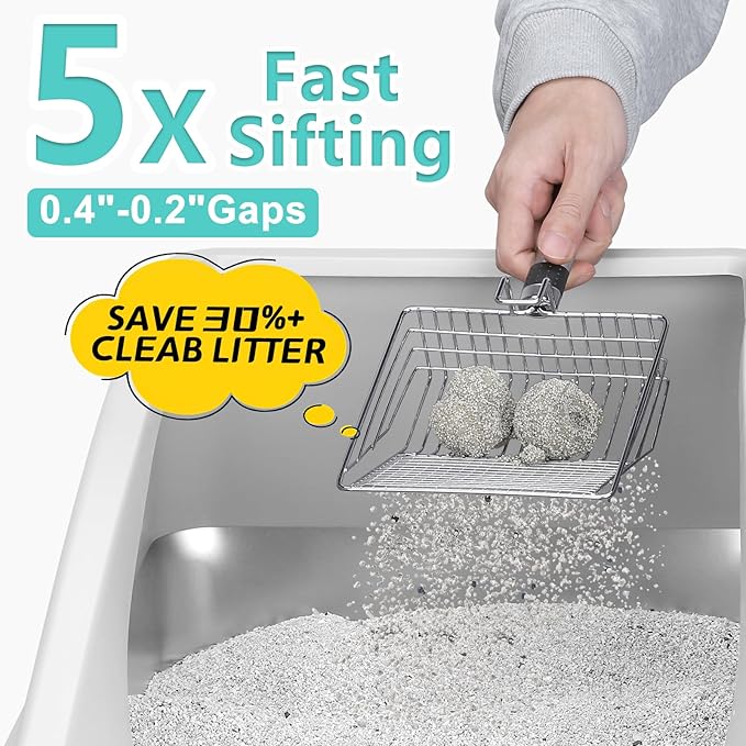 Stainless Steel Litter Box | XL Enclosed Cat Litter Boxes with Lid for Big Cats | High Sided, Anti-Urine Leakage | Non-Stick Bottom & Includes Litter Mat & Metal Scoop