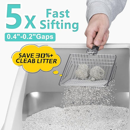 Stainless Steel Litter Box | XL Enclosed Cat Litter Boxes with Lid for Big Cats | High Sided, Anti-Urine Leakage | Non-Stick Bottom & Includes Litter Mat & Metal Scoop