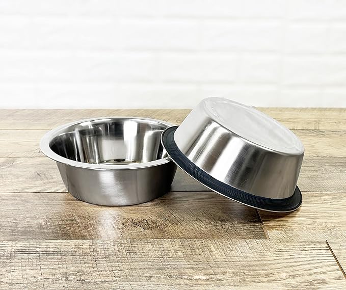 NMN Designs Heavy Duty Stainless Steel Pet Bowls - Set of 2 - Premium Food-Safe 201 Stainless Steel - Rubber Ring Edge Eliminates Noise - Pet Food and Water Bowl (Small - 1 QT Bowls)