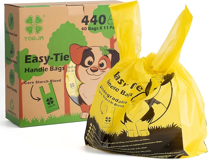 YORJA Tie Handles Dog Poo Bags, 440 Pet Poop Bags, Thick and Strong 100% Leak-Proof Biodegradable Waste Bags (Yellow)