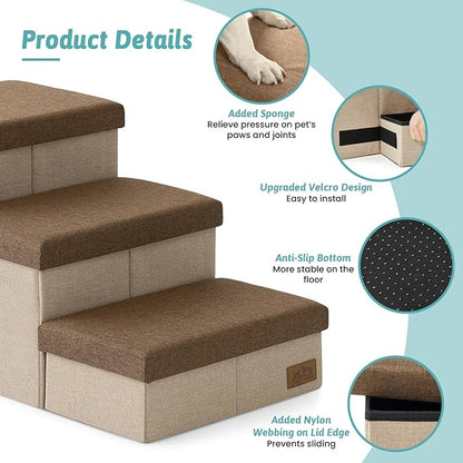 Dog Stairs with Storage, 4-Step Wider Sturdy Dog Steps for Small/Medium/Large Dogs and Older Cats, Doggie Ramp with Condo for Bed/Couch/Car Hold Up to 180 lbs (22.6" H, Brown)