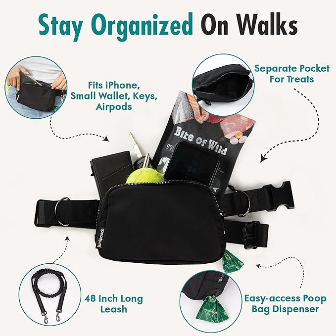 Hands Free Dog Leash with Dog Treat Pouch - Stylish & Trendy Waist Leash for Dog Walking - Wear on Waist or Crossbody - Durable & Detachable - Shock Absorbing - Waste Bag Dispenser - Walk or Run
