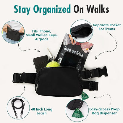 Hands Free Dog Leash with Dog Treat Pouch - Stylish & Trendy Waist Leash for Dog Walking - Wear on Waist or Crossbody - Durable & Detachable - Shock Absorbing - Waste Bag Dispenser - Walk or Run