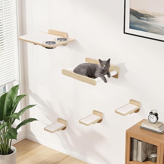 Space-Saving Cat Wall Shelves – Interactive Cat Wall Climber with Hammock & Dog Proof Feeding Station for Small & Medium Indoor Breeds – Solid Natural Wood with Beige Carpet