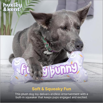 Huxley & Kent Funny Dog Toy w/Squeaker – Power Plush Squeaky Dog Toys for Small, Medium & Large Dogs – Soft Stuffed Animal for Indoor Play & Fetch - Funny Bunny Bone, Small