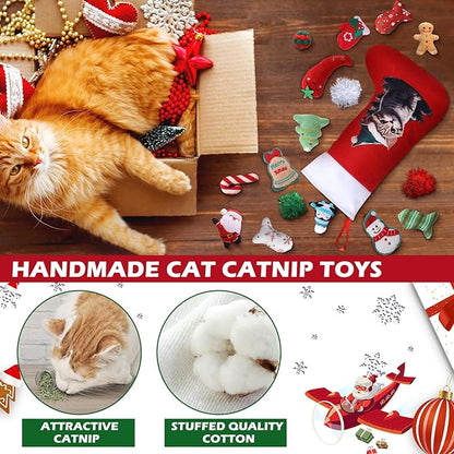 Syhood 18 Pcs Christmas Cat Stocking Toys Catnip Toys Set, Include Kitten Interactive Wand Toy Cat Chew Toy Teaser Wand Teething Mouse Santa Fish Ball Feather Toy Christmas Hanging Stocking for Pet