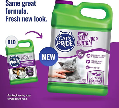 Cat's Pride Max Power: Total Odor Control - Up to 10 Days of Powerful Odor Control - Strong Clumping - 99% Dust Free - Multi-Cat Litter, Scented, 15 Pounds