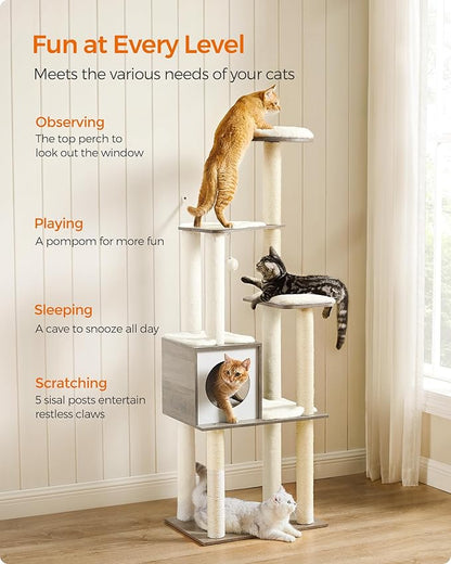 Feandrea Cat Tree, 64.6-Inch Modern Cat Tower, Multi-Level Condo with 5 Scratching Posts, Perch, Washable Removable Cushions, Cave, Heather Greige UPCT166G01