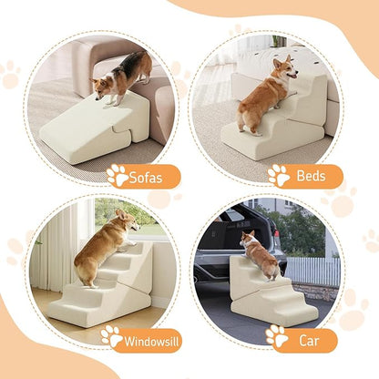 Dog Ramp for Bed, Extra Wide 20" Width Dog Stairs for High Bed, 2 in 1 Pet Steps for Small Dogs, 4-Step Foldable Transformable Large Cats Ramp to Get on Couch, Non-Slip Balanced, Beige