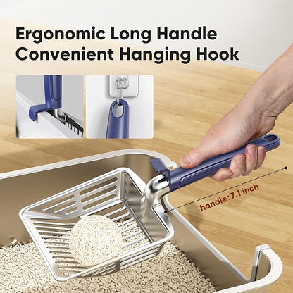 Metal Cat Litter Scoop, Large Cat Scooper with Deep Shovel & Dual Sifting Holes for Fast & Precise Sifting, Space Aluminum Kitty Litter Scooper with Long Handle & Easy-to-Hang Hook - Blue