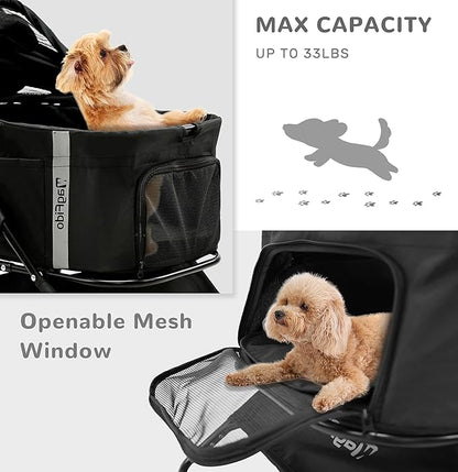 Pet Stroller with Removable Carrier, 3 in 1 Stroller for Dogs, Pet One-Click Foldable Pet Stroller with 4 Wheel, Small Dog Stroller Holds up to 33 lbs, Cup Holder, Cat Stroller, Black