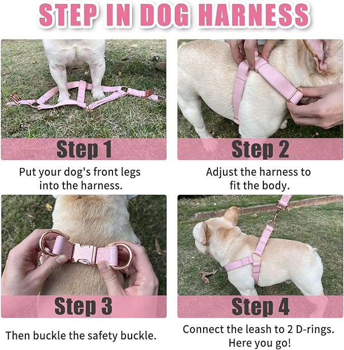 Soft Leather No Pull Dog Harness - Adjustable Step in Dog Harness with Rose Gold Heavy Duty Metal Buckle, Freedom Nylon Dog Halter Vests for Small Medium Large Dogs Easy Walking Training (Pink,M)
