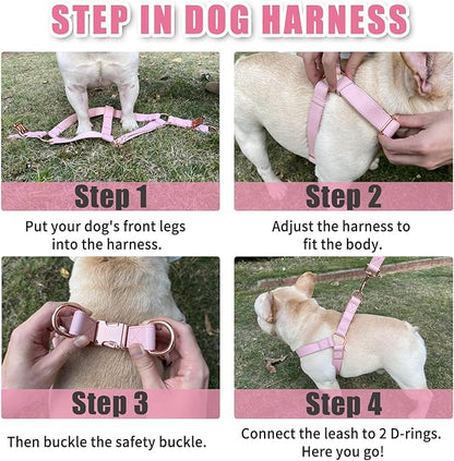 Soft Leather No Pull Dog Harness - Adjustable Step in Dog Harness with Rose Gold Heavy Duty Metal Buckle, Freedom Nylon Dog Halter Vests for Small Medium Large Dogs Easy Walking Training (Pink,M)
