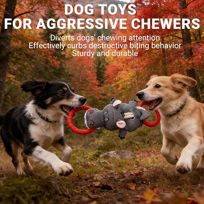 Tug of War Dog Toy - Rubber & Cotton Rope Toys for Dogs, Large Double Ring Dog Tug Toy,Interactive Dog Toys for Small Medium Large Dogs(Hippo)
