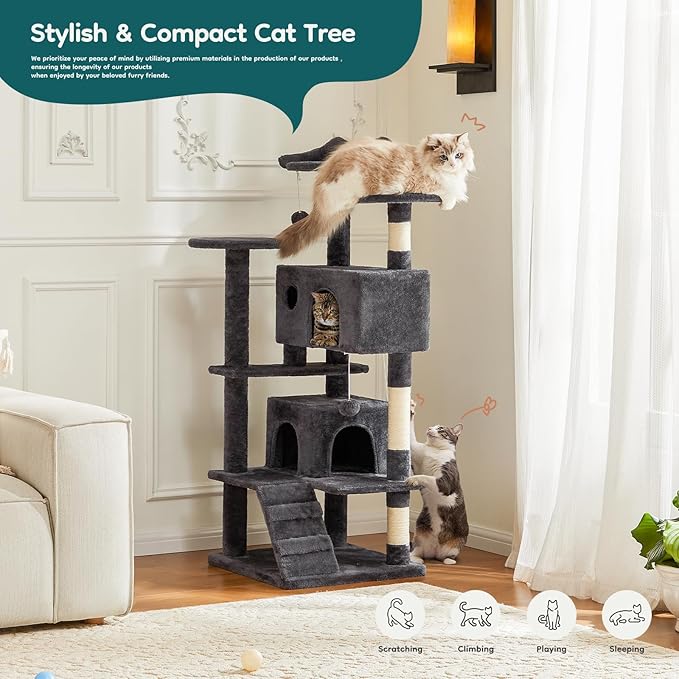 DUMOS 54-inch Indoor Cat Tree Tower –Multi-Level Pet House for Large Cats with 2 Condos, Scratching Posts, Round Platform, Small Ladder, and Toys – Perfect for Cats of All Ages, Navy Blue