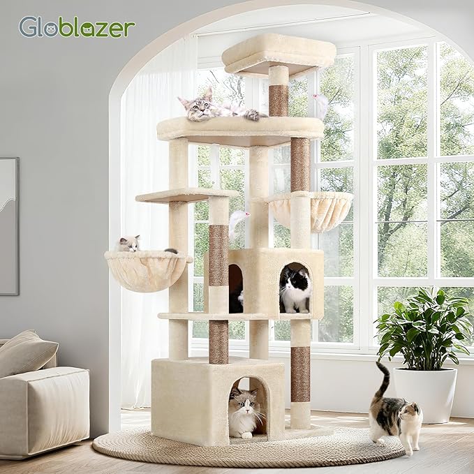 Globlazer Sturdy Cat Tree, 68-inch Large Cat Tower for Indoor Adult Cats 20 lbs Heavy Duty Cat Tree for Big Cats with Extra Large Platform, 5 Scratching Post, S68, Beige