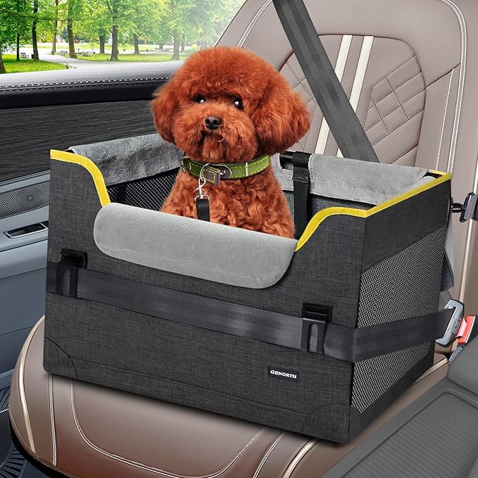 GENORTH Dog Car Seat for Small Dogs,Detachable Pet Car Seat Under 20 lbs,Dog Booster Seat with Cozy Chin Rest,Cushion and Safety Belt, (Gray)