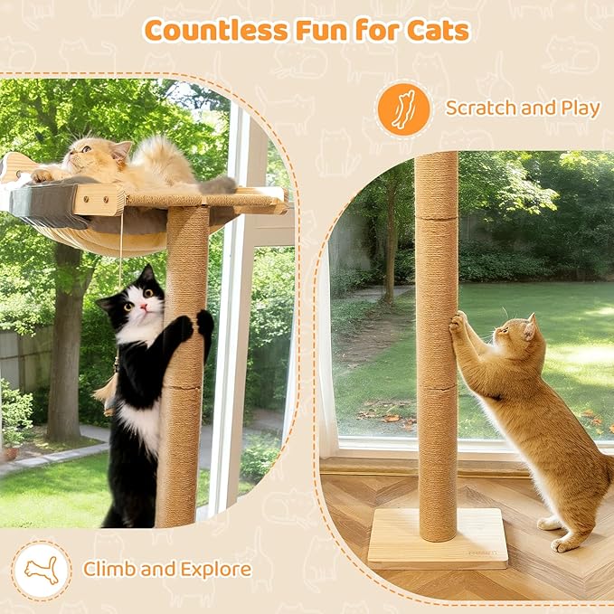 Cat Window Perch with Scratching Post, 46" Adjustable Tall Scratching Posts & Suction Cup – Gray Rabbit Fur Pad, Multi-Level Perch for Climbing, Bird Watching, Play, Supports 45 lbs (Drilling-Free)