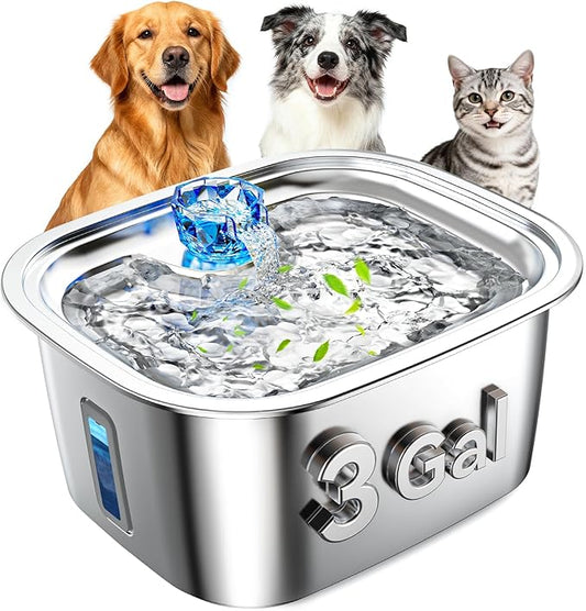 PETNF 3-Gallon Stainless Steel Dog Water Fountain for Large Dogs, Dog Water Bowl Dispenser with 2 Filters, Visible Water Window, Quiet Pump & LED Low-Water Indicator