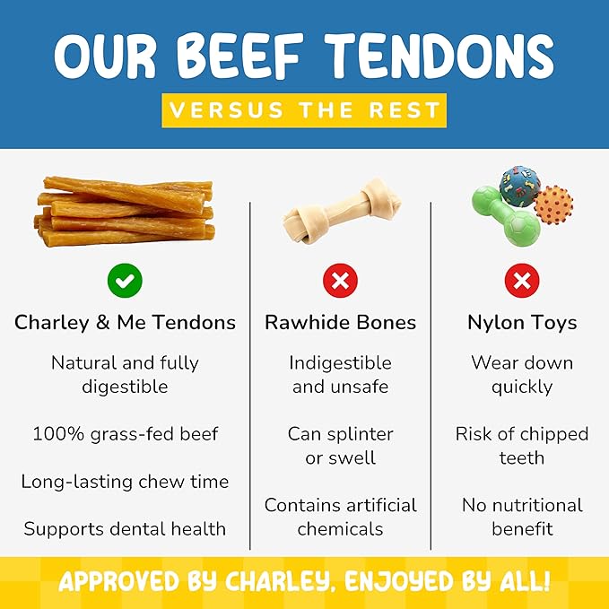 CHARLEY & ME Beef Tendons for Dogs, 100% Natural Beef Puppy Treats, Long-Lasting Dog Chew Toy for Aggressive Chewers - Nutritious Joint Support for Dogs - 6 Inches (Pack of 10)