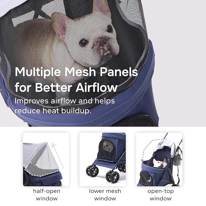 Lightweight 10 lbs Foldable Pet Stroller for Small Dogs & Cats, Easy-Fold Compact, with Adjustable Sun Canopy, Cup Holder, Breathable Mesh, Pad & Storage Bag, Holds 33 lbs, Blue Gray