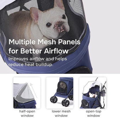 Lightweight 10 lbs Foldable Pet Stroller for Small Dogs & Cats, Easy-Fold Compact, with Adjustable Sun Canopy, Cup Holder, Breathable Mesh, Pad & Storage Bag, Holds 33 lbs, Blue Gray