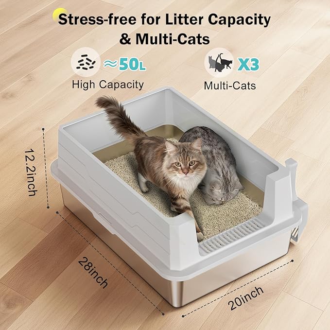 Stainless Steel Litter Box Extra Large for Big Cats Multi-Cats, Jumbo Extra Large Metal Cat Litter Box with High Sided Lid, Anti-Urine Leakage, Non-Stick,Include Litter Scoop