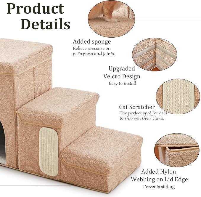 Dog Stairs with Storage and Condo,Cat Scratcher, 3-Step Sturdy Dog Steps for Small Medium or Large Older Dogs Cats, Folding Pet Stairs Climbing Sofas, high beds, Windows and Cars (Beige,16.7'' H)