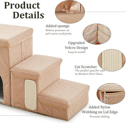 Dog Stairs with Storage and Condo,Cat Scratcher, 3-Step Sturdy Dog Steps for Small Medium or Large Older Dogs Cats, Folding Pet Stairs Climbing Sofas, high beds, Windows and Cars (Beige,16.7'' H)