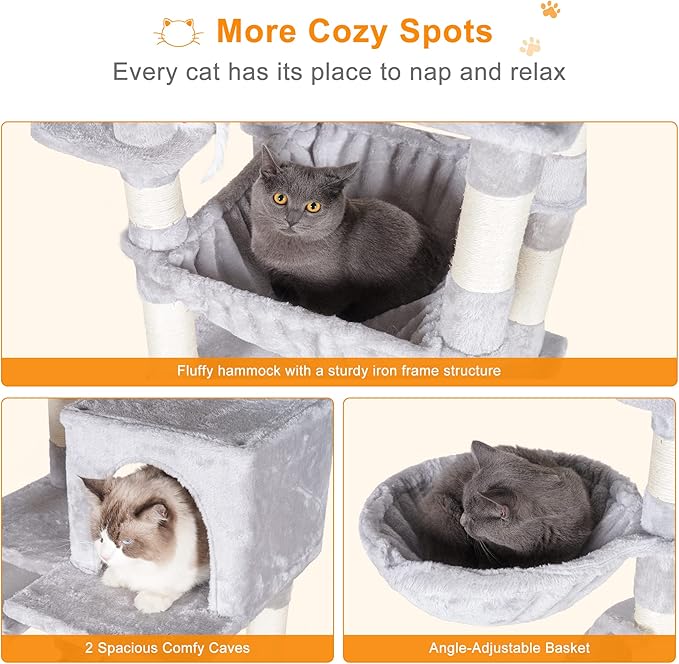 Heybly Cat Tree, 70 inches Tall Cat Tower Condo with Toy for Indoor Large Cats, Cat House Furniture with Padded Plush Perch, Cozy Hammock and Sisal Scratching Posts, Light Gray HCT032W