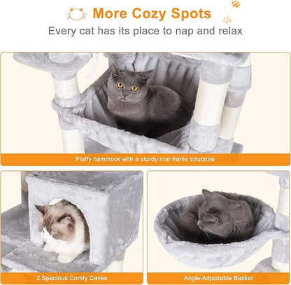 Heybly Cat Tree, 70 inches Tall Cat Tower Condo with Toy for Indoor Large Cats, Cat House Furniture with Padded Plush Perch, Cozy Hammock and Sisal Scratching Posts, Light Gray HCT032W