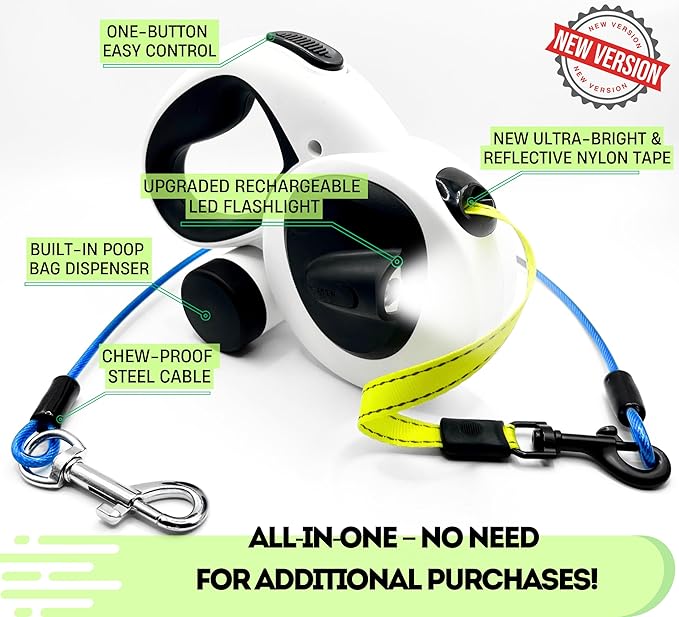 Snuggle Paws Retractable Dog Leash 16ft – Heavy Duty All-in-One Dog Leash with LED Flashlight, Poop Bag Holder, Chew Proof Steel Cable & Reflective Tape – Size S