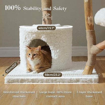 PAWZ Road Cat Tree for Indoor Cats Large Adults, 59 Inches Modern Cat Tower with Large Basket and Hammock, Natural Solid Wood, Luxury Condo & Dual Perches, Modern Cat Furniture for Big Cats, White