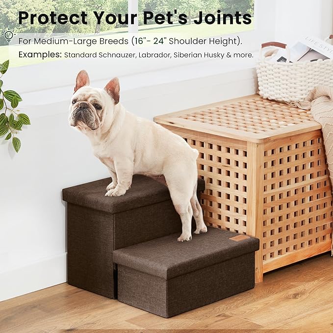 Love's cabin Dog Stairs with Storage 13" H, Foldable Pet Stairs for Small Medium or Large Dogs, Cat Puppy Steps Ramp with Zip up to 150 lbs, Coffee, 2 Steps