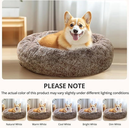 JOLLYVOGUE Calming Dog Bed Medium Size Dog, Anti-Anxiety Donut Medium Pet Bed, 27 inches Fluffy Faux Fur Round Cat Bed (Smoke Brown)