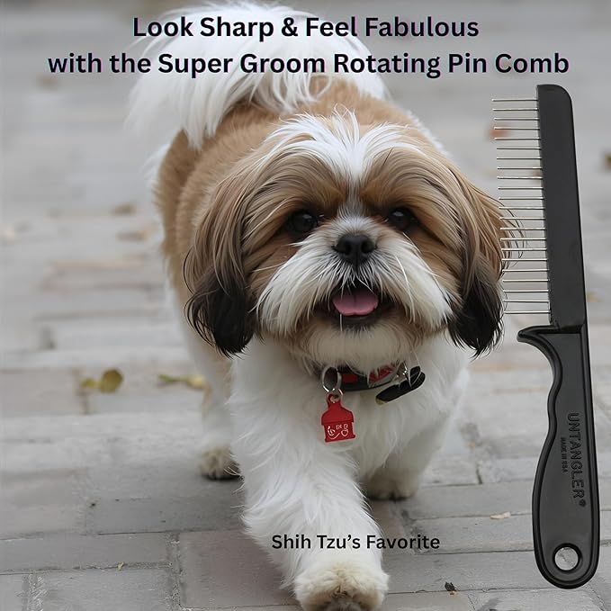 Super-Groom Combs with Smooth Rotating Teeth for Painless Mat Removal (Black, 30 Fine-Spaced Teeth)