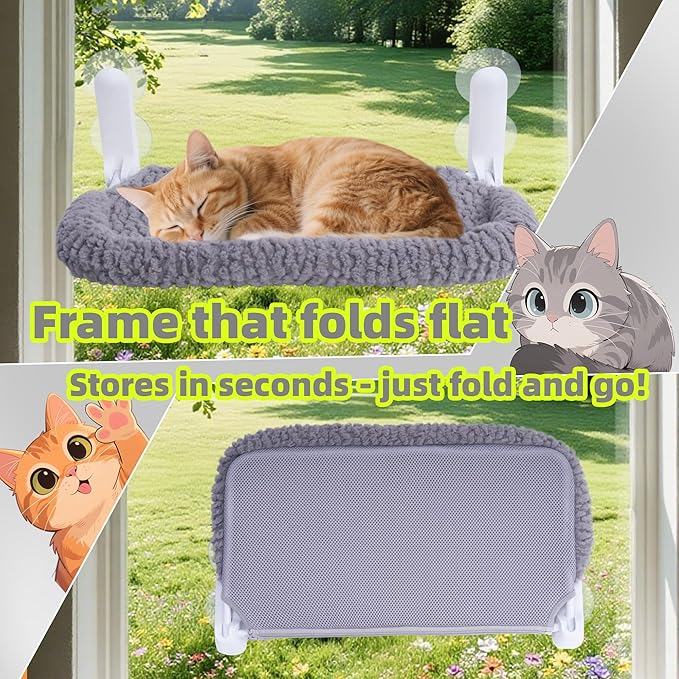 Cat Window Perch with Cushion Rim, Easy Install Bracket, Portable Wall Hammock for Indoor Cat, Grey