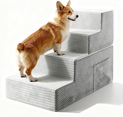 Dog Stairs for Small Dogs, 4-Step Dog Ramp for Bed 17.3" H, Dogs Steps for Bed, Couch, Pet Stairs with Non-Slip Bottom Design,High Density Foam Portable Pet Steps, Light Grey