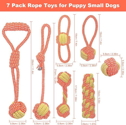 7 Pack Puppy Rope Toys - Variety of Dog Cotton Rope Toys for Small Dogs, Teething, Chewing & Boredom Relief - Orange