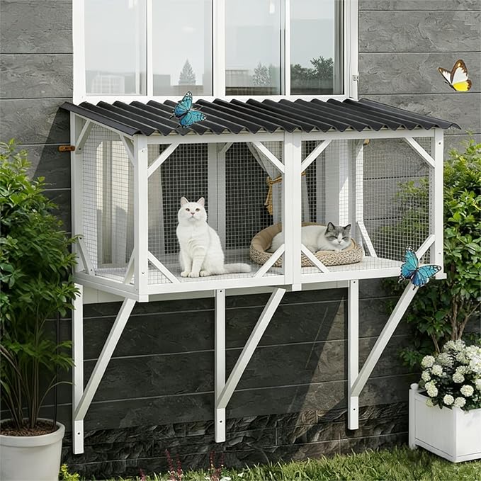 Cat Window Box Catio Outdoor Pet Patio with Bug Proof Net for Sunbathing, Napping＆Bird Watching Cat Outside Enclosure no Drill Window Perch for Indoor Cats for Apartments, Grey/White (White)