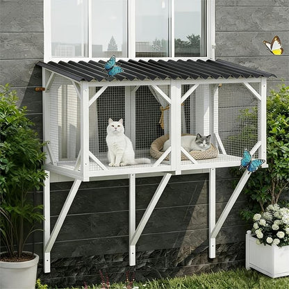Cat Window Box Catio Outdoor Pet Patio with Bug Proof Net for Sunbathing, Napping＆Bird Watching Cat Outside Enclosure no Drill Window Perch for Indoor Cats for Apartments, Grey/White (White)