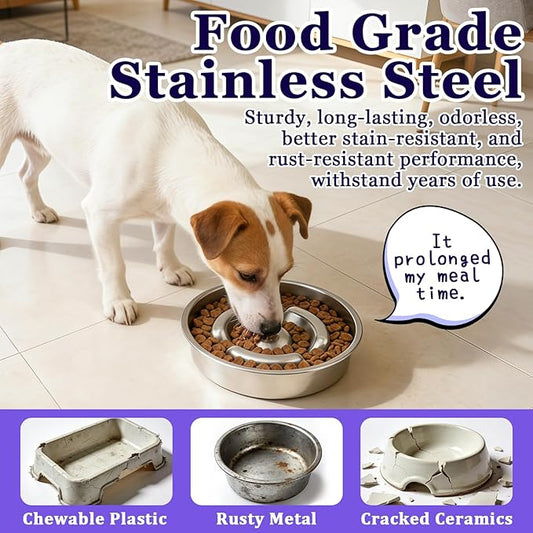 Stainless Steel Slow Feeder Dog Bowl Metal Dog Food Bowl with Non-Slip Mat for Small and Medium Sized Dogs, 2 to 4 Cups Capacity, Dishwasher-Safe, Double-Sided Design for Dry, Wet, or Raw Food