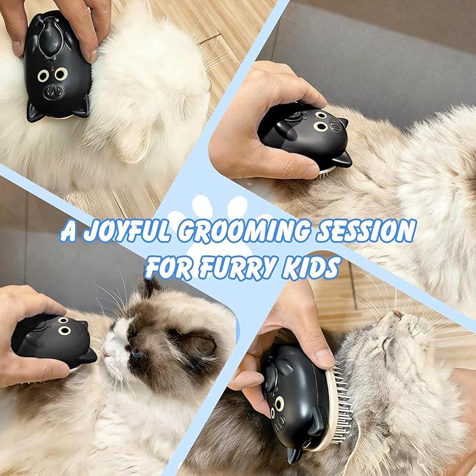 3 in 1 Cat Steam Brush for Shedding, Pet Steam brush for Dog & Cat Shedding & Grooming, for Long & Short Haired Pets, Spritz Defur Comb (black)