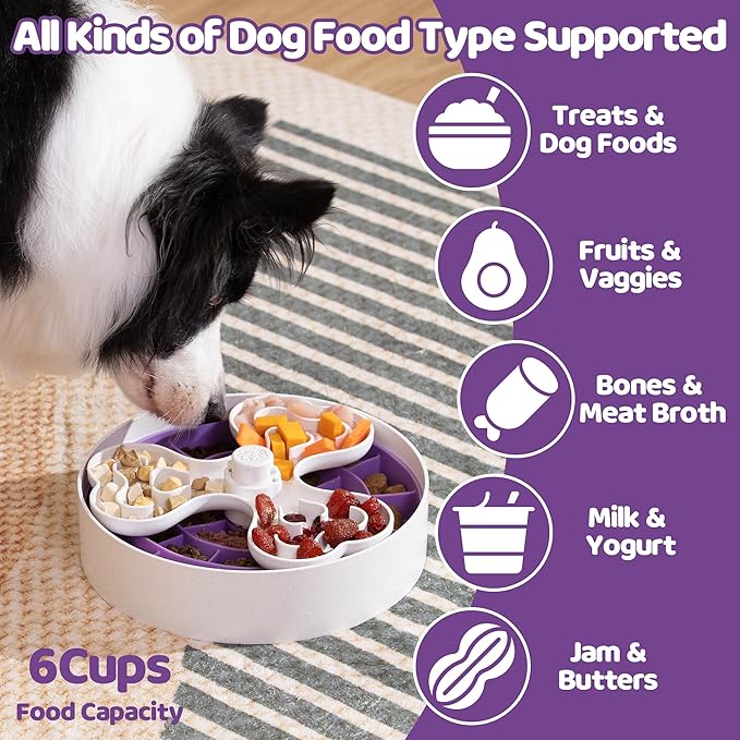 Puzzle Feeder Slow Feeder Dog Bowl for Large Dogs with Non-Slip Base - Adjustable Speed Design, Removable Puzzle Inserts & Dishwasher Safe, Purple