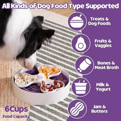 Puzzle Feeder Slow Feeder Dog Bowl for Large Dogs with Non-Slip Base - Adjustable Speed Design, Removable Puzzle Inserts & Dishwasher Safe, Purple